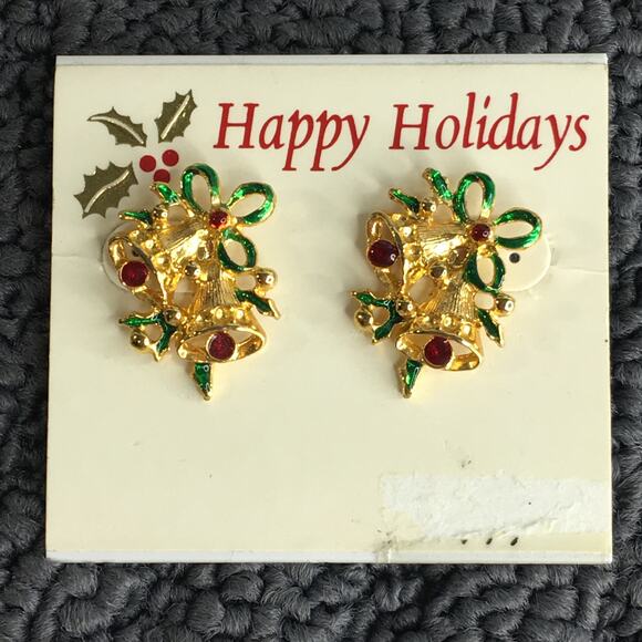 Vintage Christmas Bell Pierced Earrings Gold Tone w/‎ Green & Red - Picture 5 of 13